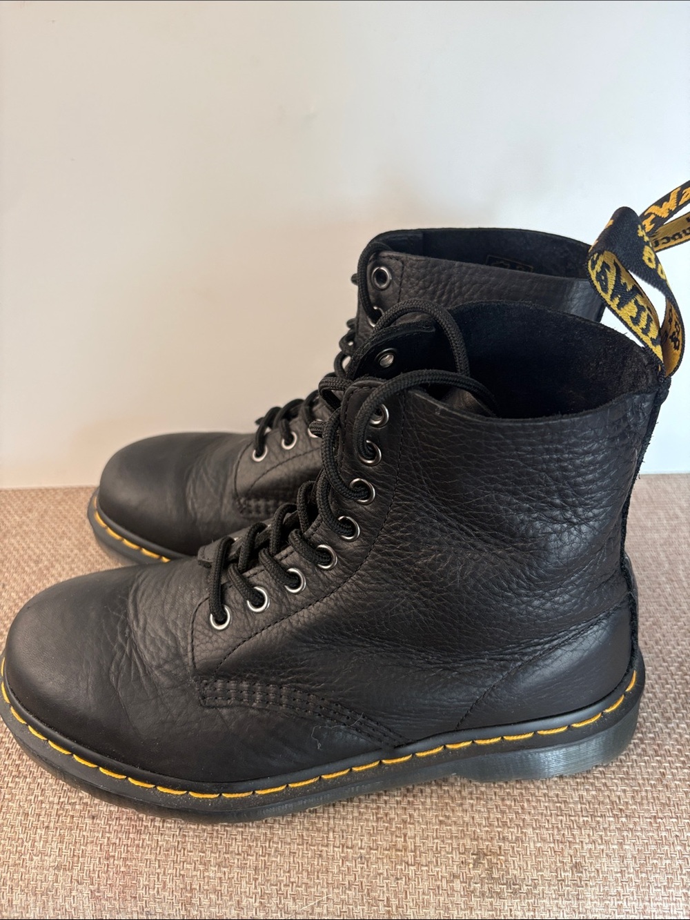 Dr. Martens Black Leather Lace-Up Boots with Yellow Stitching Size 8 women’s
